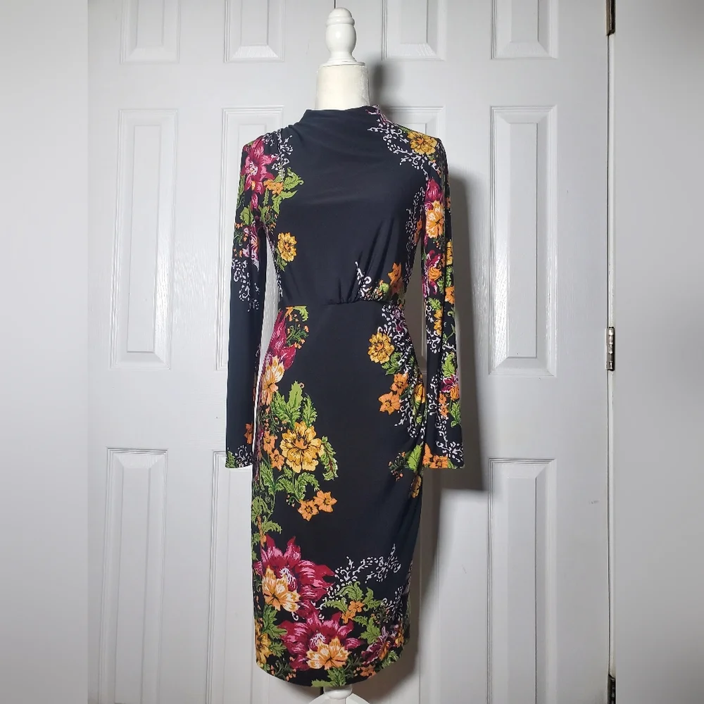 Clover and Sloane Long Sleeve Ruched Neck And Waist Lined Floral Pencil Dress - Picture 12 of 16